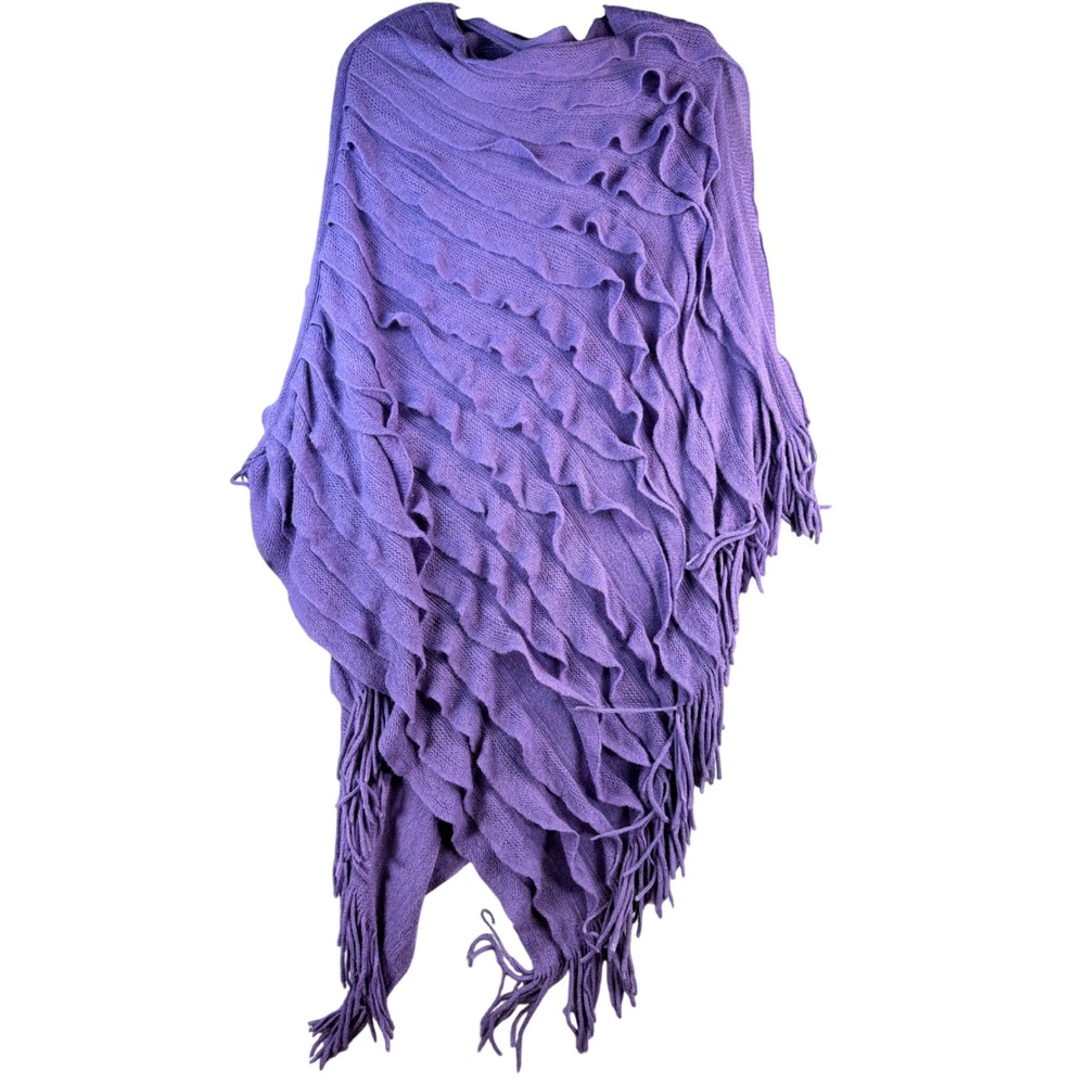 Colleen Lopez Collection Purple Knit Ruffle Fringe Poncho One Size Wrap